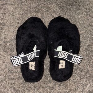 UGG Black Fluffy Slides with Logo Strap